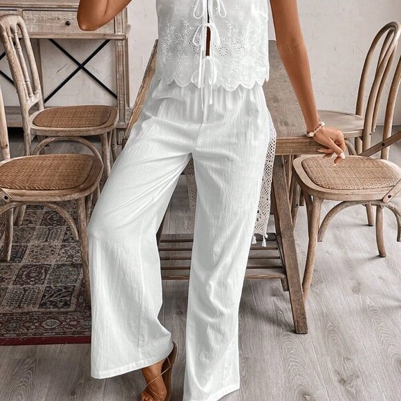 White Casual Women's Solid Color Hollow Out Lace Up Tank Top & Long Pants Set - Picture 4 of 6